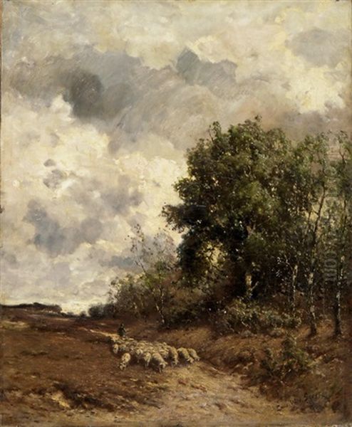 Hirt Mit Schafherde Auf Einem Sandweg Mit Birken Oil Painting by Louis Willem Van Soest