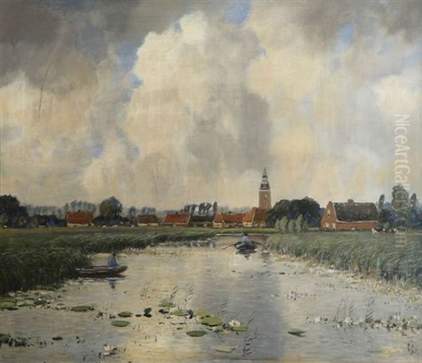 Paysage De Riviere En Hollande (aux Environs De Loosdrecht?) Oil Painting by Louis Willem Van Soest