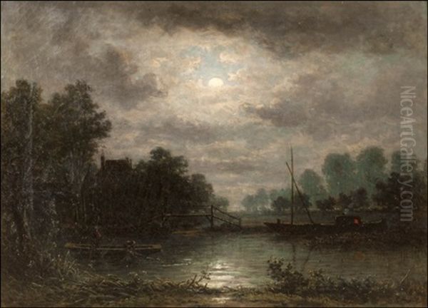 Moonlit Landscape Oil Painting by Theodor Soeterik