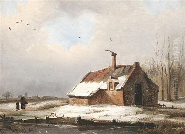 Bauernkate An Kleinem Kanal In Verschneiter Winterlandschaft. Im Hintergrund Die Silhouette Eines Kirchdorfes Oil Painting by Theodor Soeterik