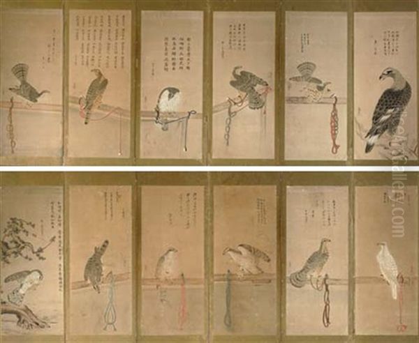 Falcons On Stand And Eagle, With Poems (12 Works Mounted As Pair Of Screens) Oil Painting by Chokuan Soga