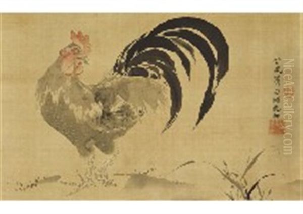 Cock Oil Painting by Shohaku Soga