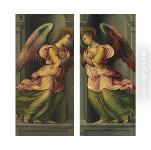 An Angel Facing Right In A Niche; An Angel Facing Left In A Niche (pair) Oil Painting by Giovanni Antonio Sogliani