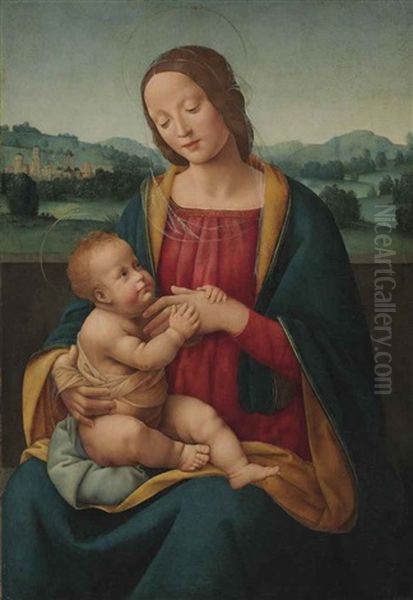 The Madonna And Child Before A Landscape Oil Painting by Giovanni Antonio Sogliani