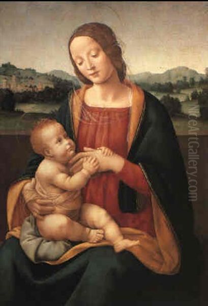 The Madonna And Child Before A Landscape Oil Painting by Giovanni Antonio Sogliani