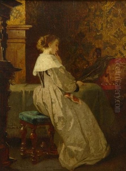 Im Salon. Dame Sitzt Gedankenverloren An Einem Tisch Oil Painting by August Wilhelm Sohn