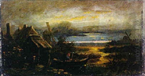 Abendliche Niederrheinische Fluslandschaft Oil Painting by August Wilhelm Sohn