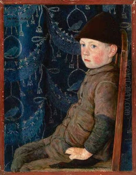 Bub Mit Mutze Auf Einem Stuhl, Vor Blauer Tapete Oil Painting by Otto Sohn-Rethel