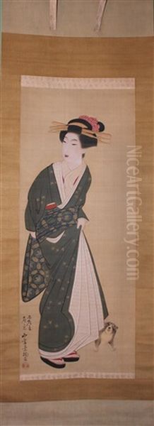 Japanese Bijin And Small Dog Oil Painting by Yamaguchi Soken