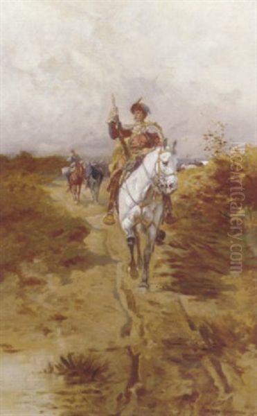 A Polish Horseman Oil Painting by Petr Petrovich Sokolov