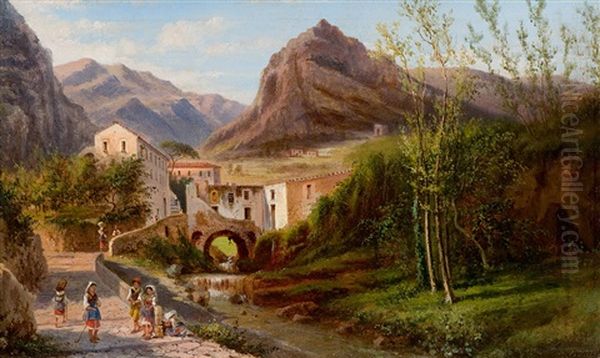 Pasta Factory In Amalfi Oil Painting by Achille Solari