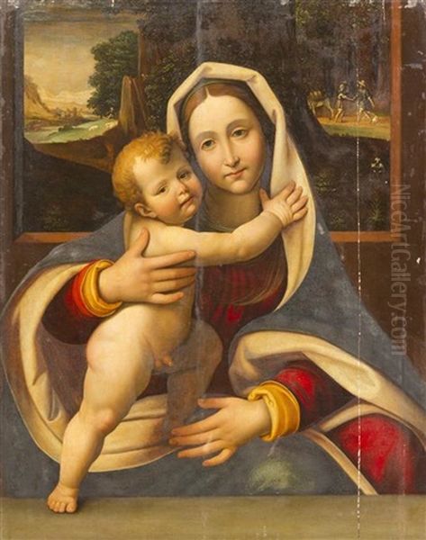 Madonna And Child With Travelers In A Landscape Oil Painting by Andrea Solario