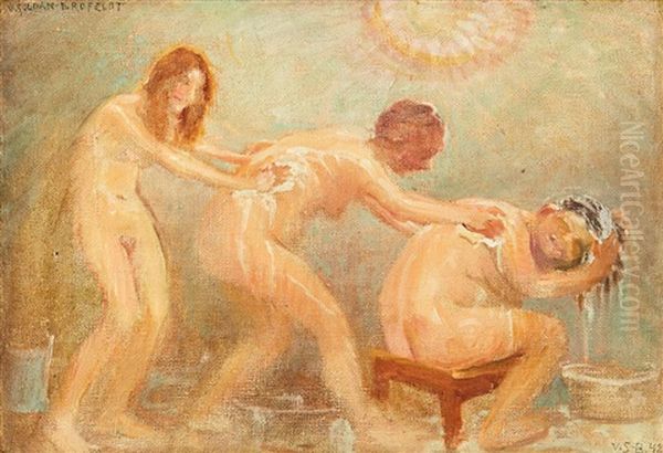 Three Women Washing Each Other Oil Painting by Venny Soldan-Brofeldt