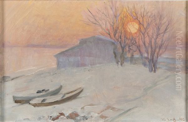 Sunset In The Winter Oil Painting by Venny Soldan-Brofeldt