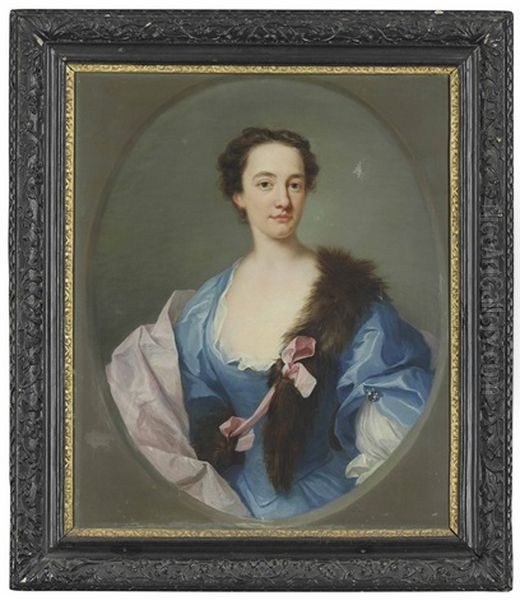 Portrait Of A Lady, Half-length, In A Blue Dress, Pink Wrap And Fur Stole, In A Feigned Oval Oil Painting by Andrea Soldi