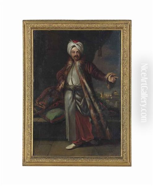 Portrait Of A Turk, Small Full-length, In Long, Striped Garments, A Fur-lined Coat And A Turban, On A Portico, A Mosque Beyond Oil Painting by Andrea Soldi