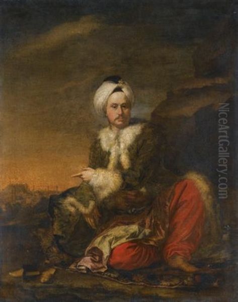 Portrait Of A Merchant Of The Levant Company In Turkish Dress, A View Of Aleppo Beyond Oil Painting by Andrea Soldi