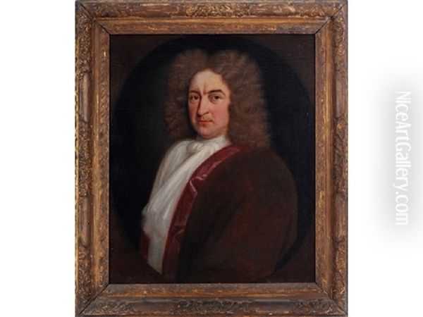 Portrait Of A Gentleman, Wearing A Red Velvet Jacket With A White Shirt And Cravat (+ Portrait Of A Lady, Standing Wearing A Damask Colored Silk Robe
And Decollete Undergarment; 2 Works) Oil Painting by Andrea Soldi