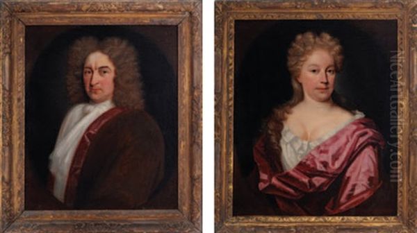 Portrait Of A Gentleman Wearing A Red Velvet Jacket (+ Portrait Of A Lady Wearing A Damask Colored Silk Robe; 2 Works) Oil Painting by Andrea Soldi