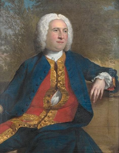 Portrait Of A Gentleman In A Blue Coat With A Red Brocaded Waistcoat, Seated Before A Landscape Oil Painting by Andrea Soldi