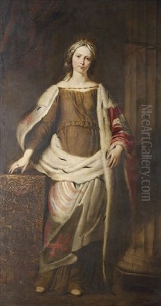 An Historical Portrait Of A Queen, Or Empress, Full-length, In A Fur-lined Ermine Robe Emblazoned With A Counterchanged Coat-of-arms Oil Painting by Andrea Soldi