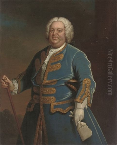 Portrait Of A Gentleman In A Blue Coat With Gold Trim, Holding A Walking Cane In His Right Hand Oil Painting by Andrea Soldi