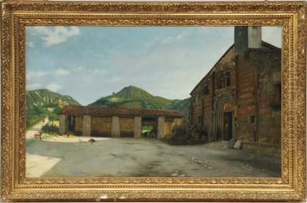 Scorcio Di Paese Con Chiesa E Contadini Oil Painting by Arnoldo Soldini