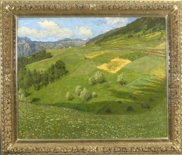 Blick Von Einer Sommerwiese Auf Einen Grunen Hugel Mit Feldern Oil Painting by Arnoldo Soldini