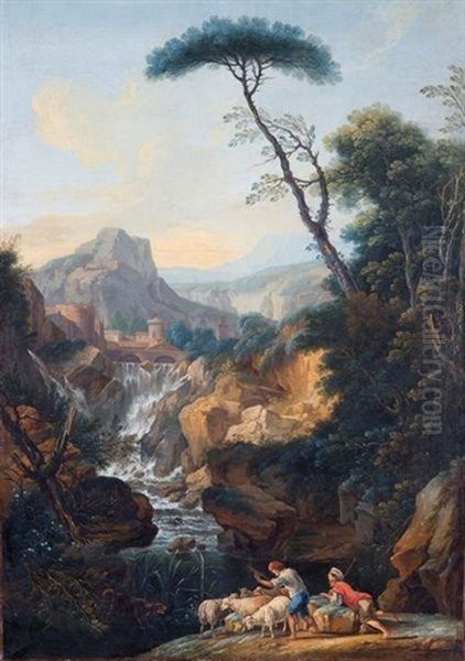 Paysage Italien Avec Une Cascade, Anime De Bergers Et De Leur Troupeau De Moutons Oil Painting by Luigi Domenico Soldini