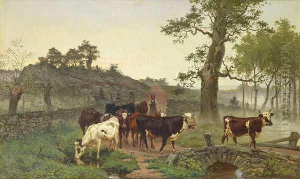 Kor Pa Vag Till Bete Oil Painting by Gustaf Brandelius