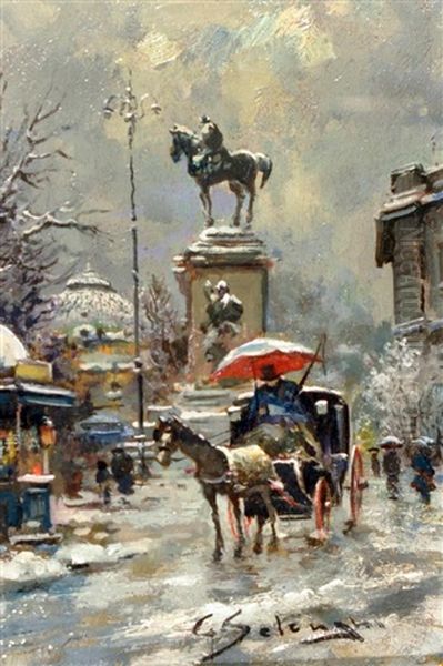 Carrozzella A Piazza Cairoli Oil Painting by Giuseppe Solenghi