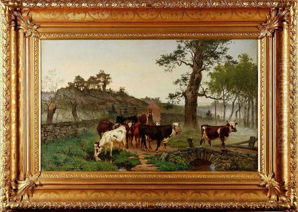 Landskap Medboskap Vid Stenbro Oil Painting by Gustaf Brandelius