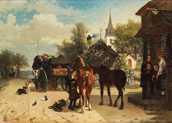 Skjutsombytet Oil Painting by Gustaf Brandelius