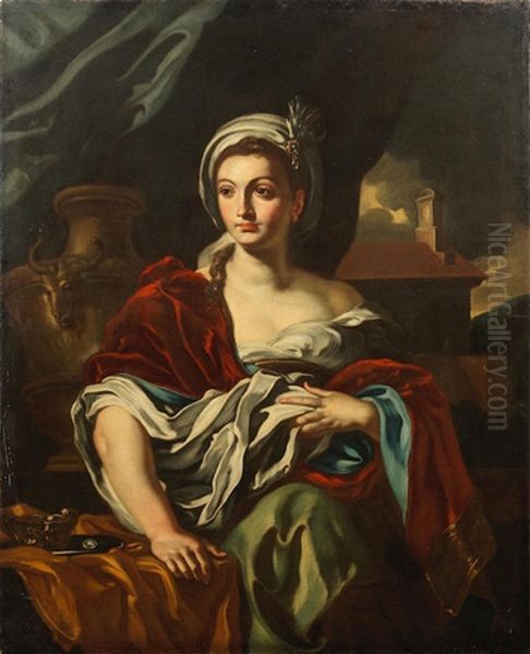 Portrait Of A Lady, Three-quarter-length, Standing Before A Blue Curtain Oil Painting by Francesco Solimena