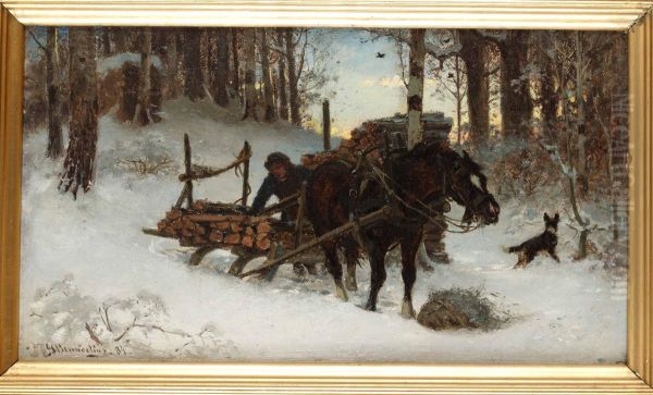 Vinterlandskap Med Timmerkorare Och Hund Oil Painting by Gustaf Brandelius