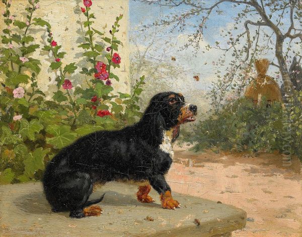 Tradgardsbild Med Hund Och Bin Oil Painting by Gustaf Brandelius