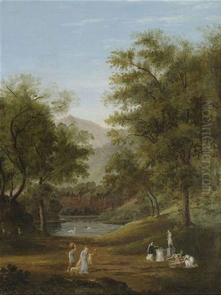 Landschaft Mit Dankopfer An Einer Dianastatue Oil Painting by Fr. Wil. Grafin von Solms-Baruth