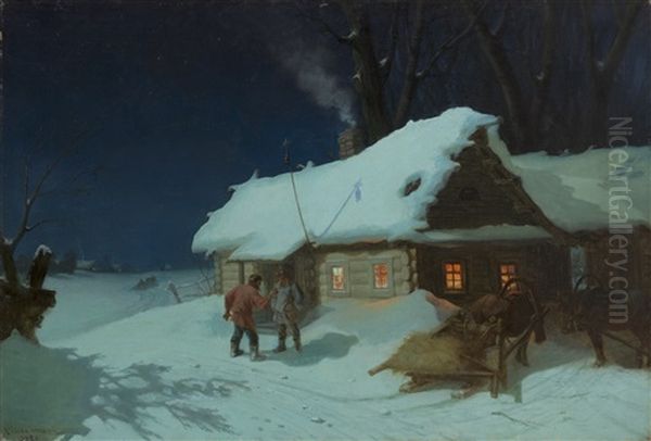 Night Scene Near A Tavern Oil Painting by Leonid Ivanovich Solomatkin