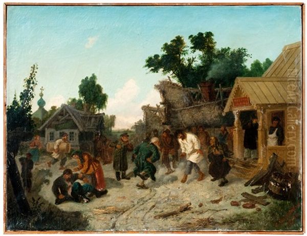 Jolly Life Near The Pub Oil Painting by Leonid Ivanovich Solomatkin