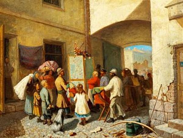 Street Scene With Petroushka Oil Painting by Leonid Ivanovich Solomatkin