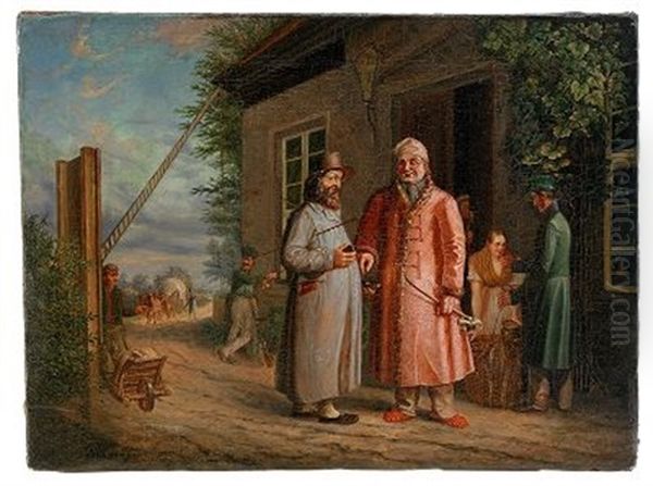 The Snuff-takers Oil Painting by Leonid Ivanovich Solomatkin