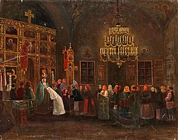 Kyrkointerior Med Brollopsfolje Oil Painting by Leonid Ivanovich Solomatkin