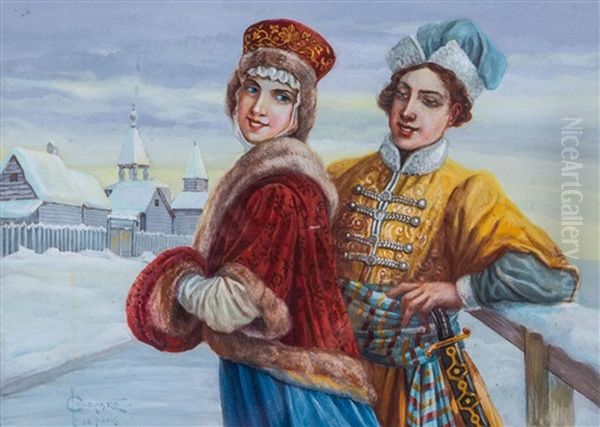 Galantes Liebespaar In Winterlandschaft Oil Painting by Serge (Sergei) de Solomko