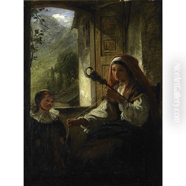 A Woman Spinning By A Window Oil Painting by Simeon Solomon