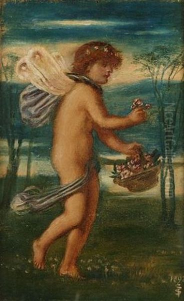 Cherub With Roses (+ Cherub With Fruit; Pair) Oil Painting by Simeon Solomon