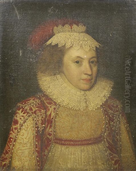 Portrait Of A Lady, Bust-length, In A Red, White And Gold Embroidered Dress, With A Lace Cap And Red Feather Oil Painting by Paul van Somer