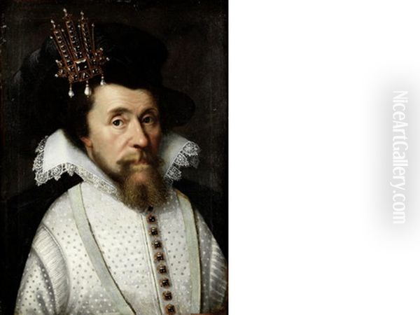 Portrait Of James I, Bust-length, In White Costume With A Black Plumed Hat Oil Painting by Paul van Somer