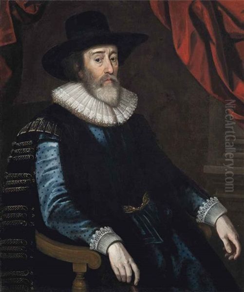 Portrait Of A Gentleman, Traditionally Identified As Sir Thomas Peyton, Three-quarter-length, Seated In An Interior, In An Embroidered Blue Coat Oil Painting by Paul van Somer