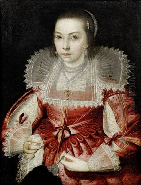 Portrait Of A Girl In A Pink Silk Dress And A Bejewelled Lace Collar And Headdress, Holding A Lace Handkerchief And An Ostrich Feather Fan Oil Painting by Paul van Somer