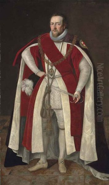 Portrait Of Henry Brooke, 11th Baron Cobham (1564-1618/9), Full-length, In Garter Robes, Wearing The Chain Of The Order Of The Garter Oil Painting by Paul van Somer